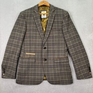 Marc Darcy London Mens Blazer 38R Enzo Tan Plaid Checkered Sport Coat Preppy EUC